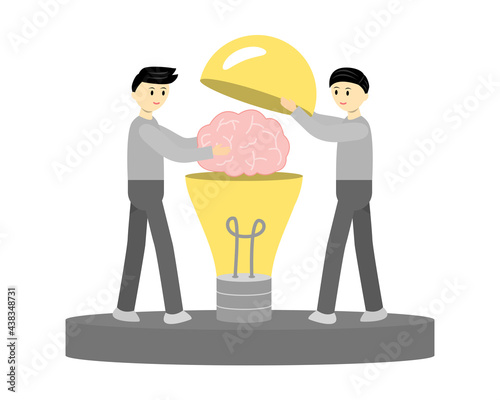 businessman opening light bulb and other man bringing brain into bulb. creative thinking,smart brain,new idea, new innovation vector