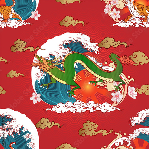 Seamless Art Japanese Repeat Pattern of Flying Dragon with Water Splash and Tiger Look Forward with Torrential Wave and Curve Cloud on Red Water Wave Repeat Pattern Dark Red Background Vector Design