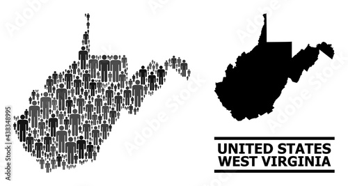 Map of West Virginia State for demographics projects. Vector demographics collage. Mosaic map of West Virginia State designed of human elements. Demographic concept in dark gray color variations.