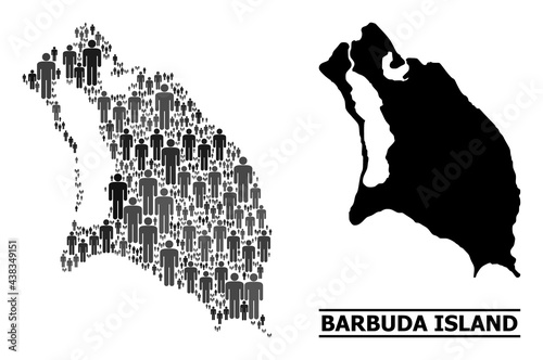 Map of Barbuda Island for demographics proclamations. Vector demographics collage. Concept map of Barbuda Island designed of population items. Demographic concept in dark gray color tinges.