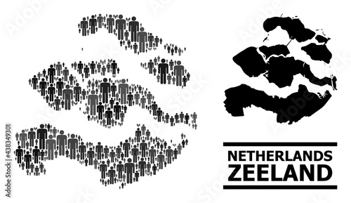 Map of Zeeland Province for politics propaganda. Vector nation mosaic. Mosaic map of Zeeland Province done of guy items. Demographic concept in dark gray color hues.