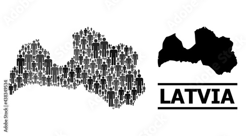 Map of Latvia for political agitation. Vector demographics abstraction. Abstraction map of Latvia organized of crowd pictograms. Demographic scheme in dark gray color variations.