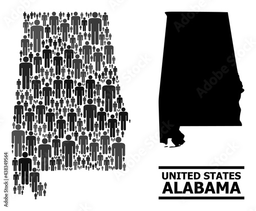 Map of Alabama State for social purposes. Vector population abstraction. Composition map of Alabama State organized of population pictograms. Demographic scheme in dark gray color tints.