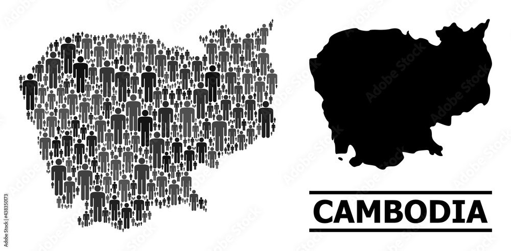 Map of Cambodia for social agitprop. Vector nation abstraction. Abstraction map of Cambodia designed of person elements. Demographic concept in dark grey color tinges.