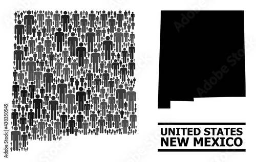 Map of New Mexico State for political propaganda. Vector nation mosaic. Mosaic map of New Mexico State combined of men pictograms. Demographic scheme in dark grey color hues.