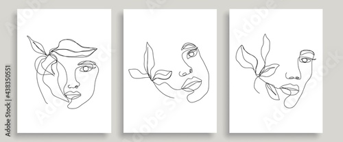 Elegant Women Faces with Leaves One Line Art Style Drawing. Continuous Line Art Minimalist Style for Wall Art, Print, Tattoo, Poster, Textile etc. Floral Female Fashion Face Vector illustration