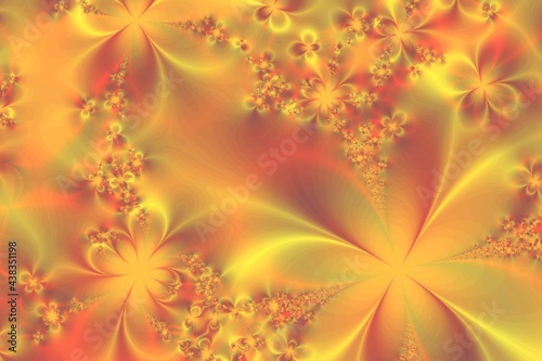Delicate yellow pink summer background of fractal flowers of different sizes. The glowing magic of fractals.