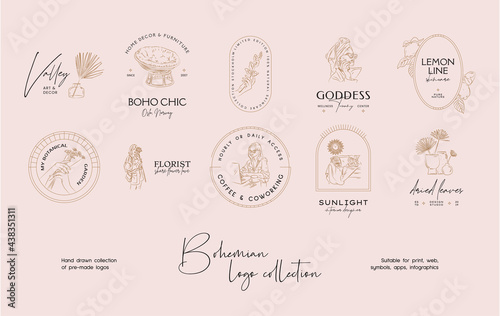 Hand drawn line art bohemian vector logo design template collection. Illustration of elegant signs and badges for beauty, natural cosmetics, spa and wellness, fashion, wedding.
