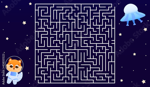 Space travel labyrinth riddle for kids with cute astronaut fox character in helmet, find right way to spaceship, cosmos maze for printable worksheet in cartoon style