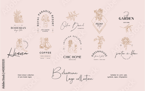 Hand drawn line art bohemian vector logo design template collection. Illustration of elegant signs and badges for beauty, natural cosmetics, spa and wellness, fashion, wedding.