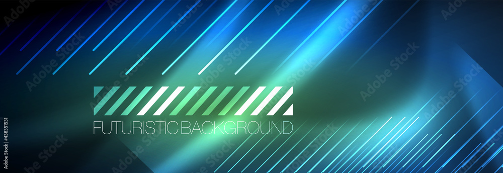 Neon glowing lines, magic energy and light motion background. Vector wallpaper template