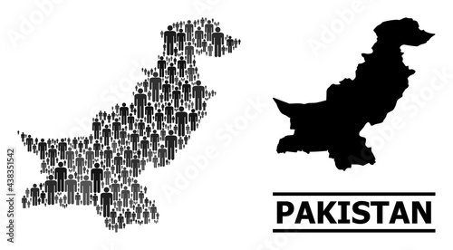 Map of Pakistan for social promotion. Vector demographics collage. Concept map of Pakistan designed of crowd pictograms. Demographic concept in dark grey color variations.