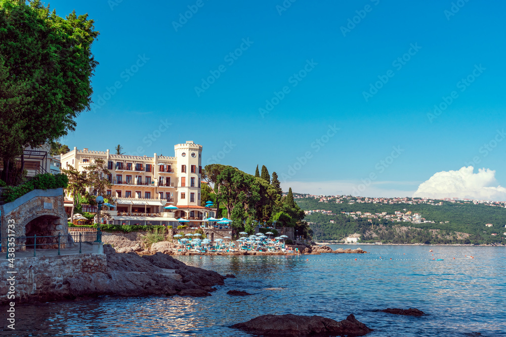 Beautiful view of waterfront in Opatija with the beach and hotels, Croatia
