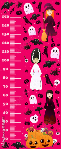 Halloween growth chart for kids with witch, vampire characters and pumpkins with ghosts on pink background, colourful printable height meter in cartoon style