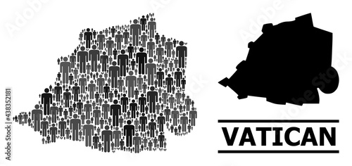 Map of Vatican for national doctrines. Vector population mosaic. Mosaic map of Vatican organized of guy items. Demographic scheme in dark gray color tints.