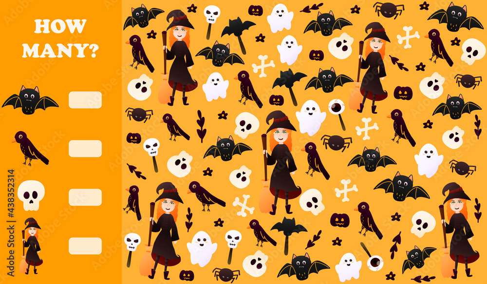 How many puzzle or riddle for kids for halloween with witch character holding broom, ghosts and