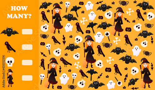 How many puzzle or riddle for kids for halloween with witch character holding broom, ghosts and bats, spooky elements on orange background, printable worksheet, indoor game
