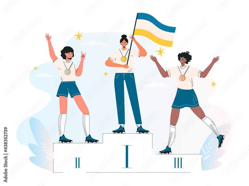 Competition winner, champion or leader, triumph. Ceremony of awarding medals. Three female athletes on the pedestal. Diverse women stand on podium first, second, third place. Flat vector illustration Competition winner, champion or leader, triumph. Ceremony of awarding medals. Three female athletes on the pedestal. Diverse women stand on podium first, second, third place. Flat vector illustration
