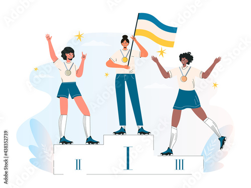 Competition winner, champion or leader, triumph. Ceremony of awarding medals. Three female athletes on the pedestal. Diverse women stand on podium first, second, third place. Flat vector illustration
