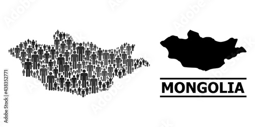 Map of Mongolia for social agitprop. Vector population mosaic. Pattern map of Mongolia made of population items. Demographic concept in dark grey color hues.