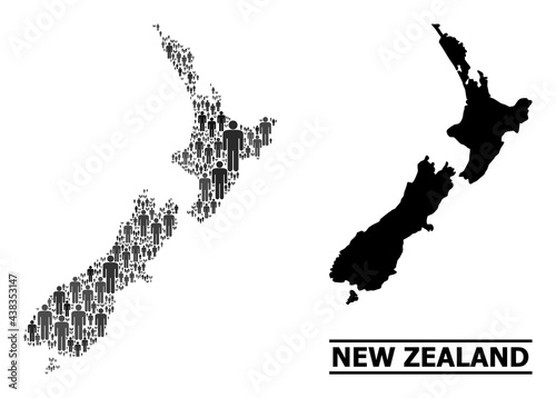 Map of New Zealand for social agitation. Vector population abstraction. Collage map of New Zealand constructed of social elements. Demographic concept in dark gray color tinges.