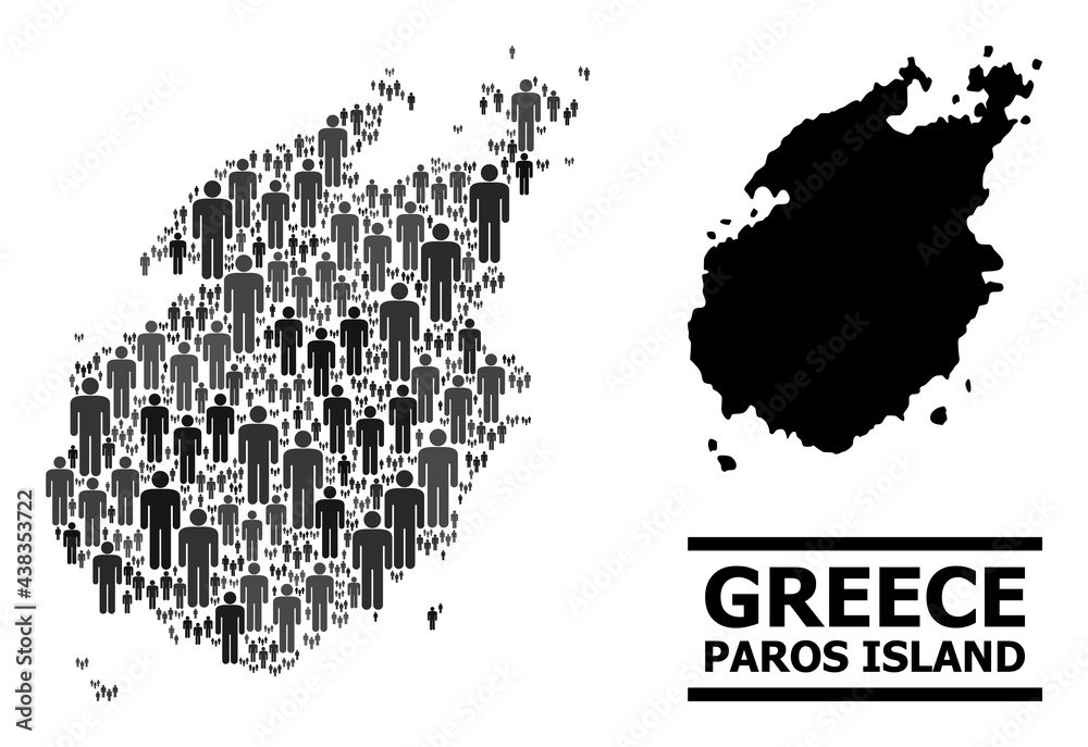 Map of Paros Island for political applications. Vector population abstraction. Abstraction map of Paros Island constructed of population pictograms. Demographic concept in dark gray color shades.