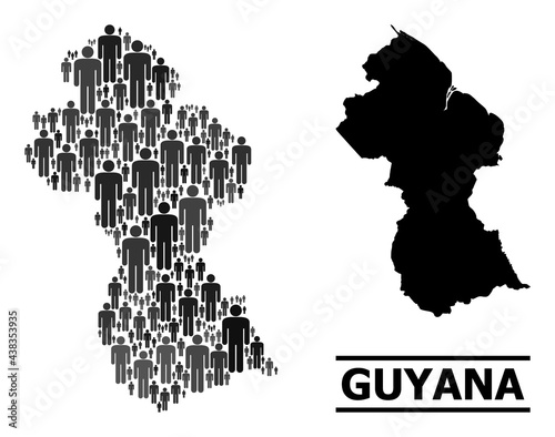 Map of Guyana for social agitprop. Vector population mosaic. Concept map of Guyana constructed of man items. Demographic concept in dark gray color tones.