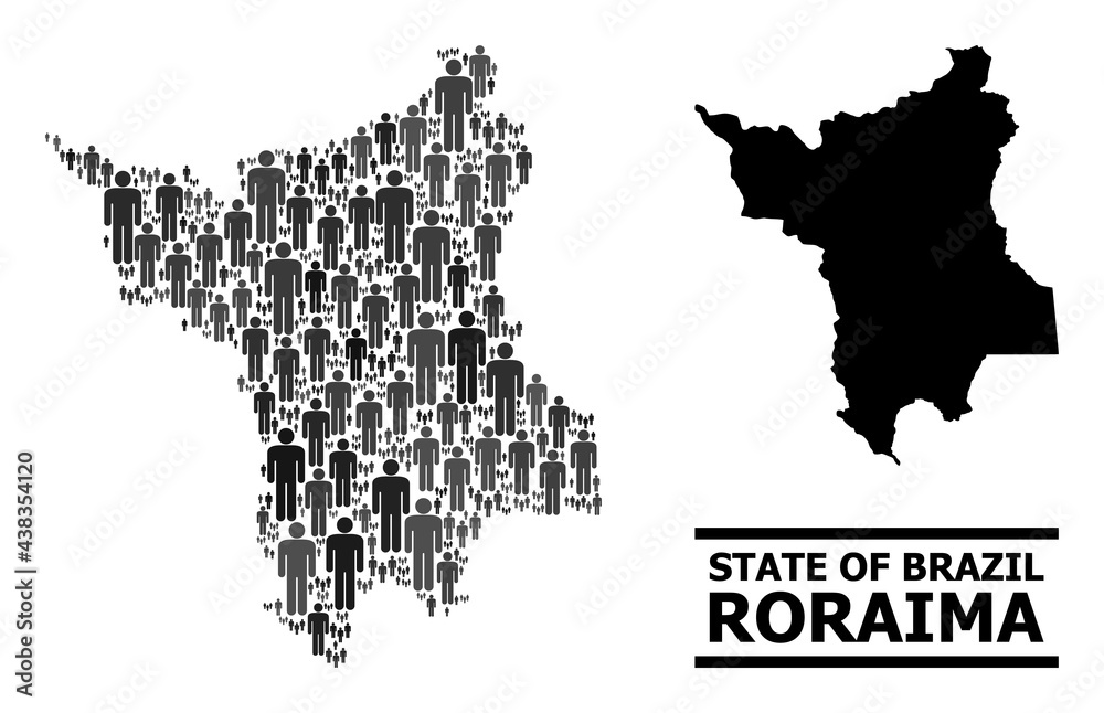 Map of Roraima State for social applications. Vector nation abstraction. Mosaic map of Roraima State constructed of social icons. Demographic scheme in dark gray color shades.