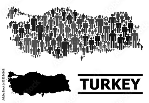 Map of Turkey for demographics projects. Vector demographics collage. Concept map of Turkey designed of human pictograms. Demographic concept in dark grey color tints.