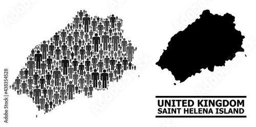 Map of Saint Helena Island for social agitation. Vector population abstraction. Pattern map of Saint Helena Island designed of social items. Demographic concept in dark grey color variations.