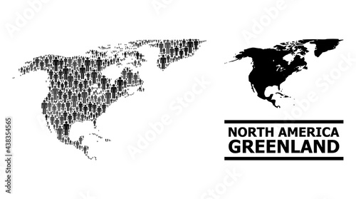 Map of North America and Greenland for demographics promotion. Vector demographics mosaic. Pattern map of North America and Greenland combined of guy elements.
