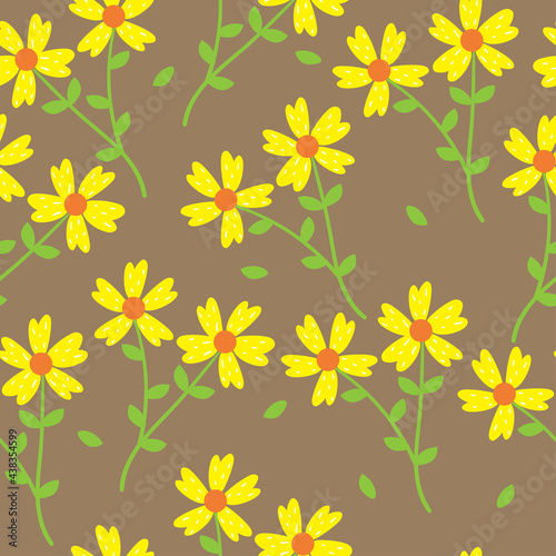 Cute seamless pattern with cartoon flowers and leaves for fabric print, textile, gift wrapping paper. colorful vector for kids, flat style