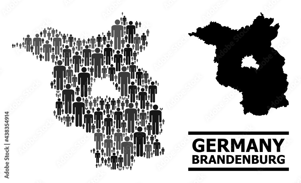 Map of Brandenburg State for demographics doctrines. Vector demographics collage. Abstraction map of Brandenburg State combined of population items. Demographic concept in dark gray color tinges.
