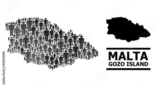 Map of Gozo Island for demographics promotion. Vector nation mosaic. Mosaic map of Gozo Island designed of person elements. Demographic concept in dark gray color tones.