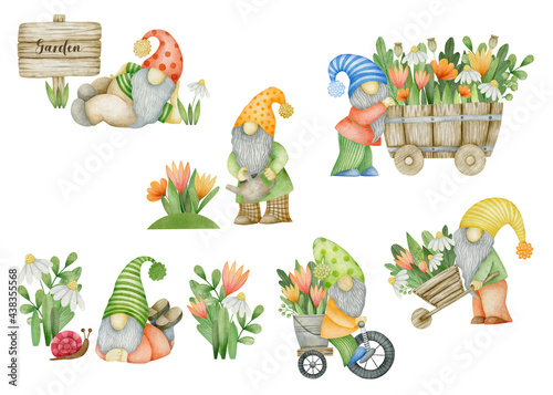 Tablou pe pânză Watercolor set of garden gnomes isolated on white background.