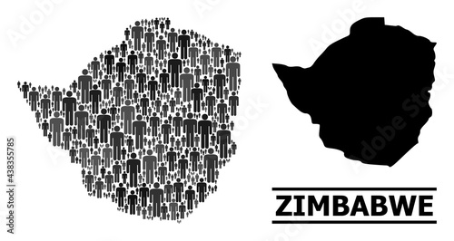 Map of Zimbabwe for demographics doctrines. Vector nation collage. Concept map of Zimbabwe constructed of person items. Demographic concept in dark gray color tints.