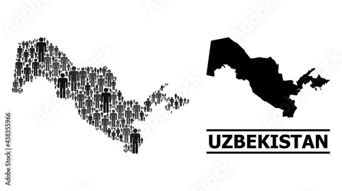 Map of Uzbekistan for social doctrines. Vector population abstraction. Composition map of Uzbekistan constructed of population elements. Demographic concept in dark gray color tinges.