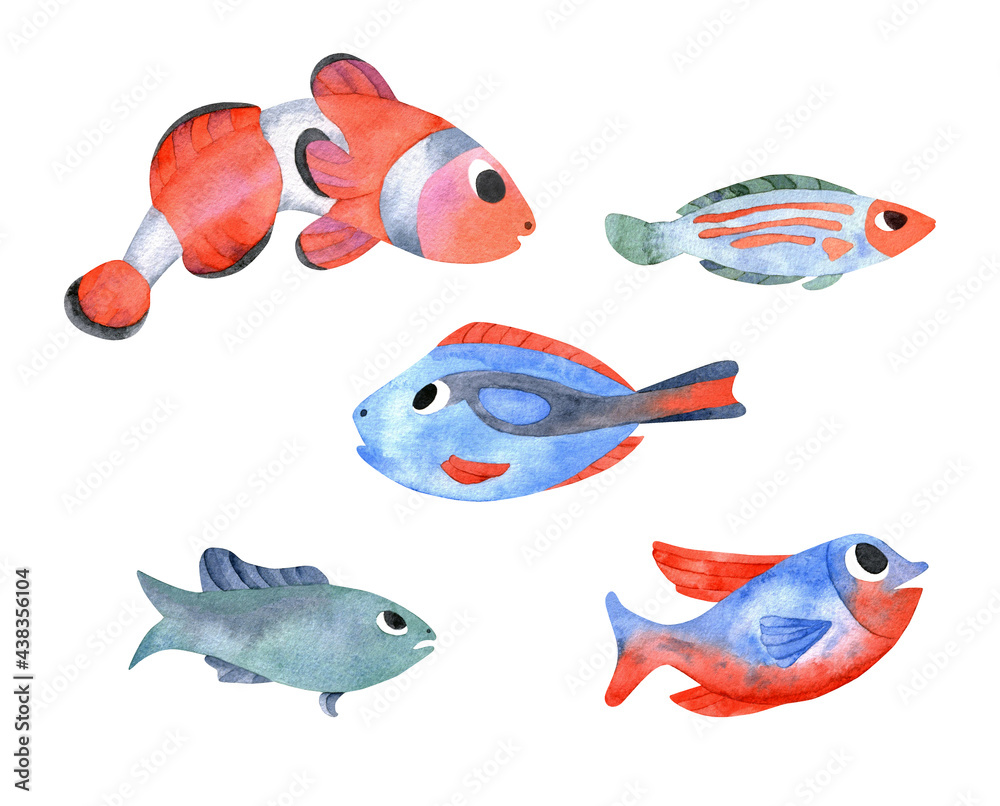 Watercolor colorful set of fishes isolated on white background. Underwater hand painted multicolored coral fishes. Ocean animals