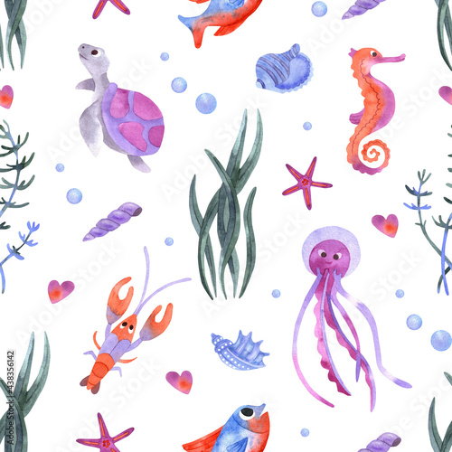 Watercolor sea animals background. Seamless underwater watercolor pattern with horse fish  crawfish and jellyfish. Cute sea backdrop.