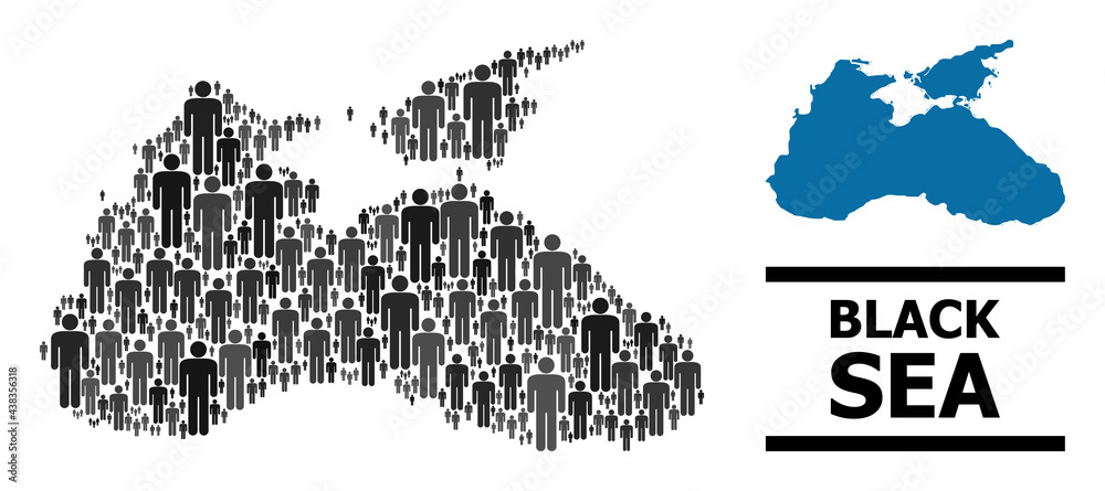 Map of Black Sea for demographics promotion. Vector demographics mosaic. Collage map of Black Sea combined of guy icons. Demographic concept in dark gray color variations.