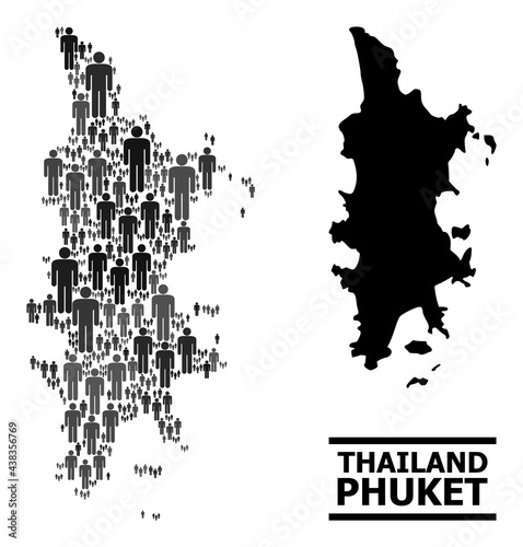 Map of Phuket for political projects. Vector population abstraction. Mosaic map of Phuket done of population pictograms. Demographic concept in dark grey color tints.