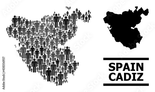 Map of Cadiz Province for demographics agitation. Vector demographics mosaic. Mosaic map of Cadiz Province organized of man elements. Demographic scheme in dark grey color hues.