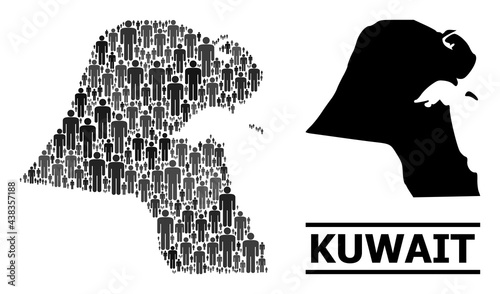 Map of Kuwait for politics projects. Vector demographics mosaic. Mosaic map of Kuwait organized of guy elements. Demographic scheme in dark grey color shades.
