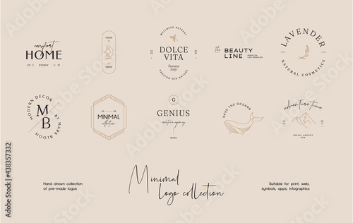 Hand drawn line art minimal vector logo design template collection. Illustration of elegant signs and badges for beauty, creative agency, cosmetics, spa and wellness, fashion, wedding, yoga centre.