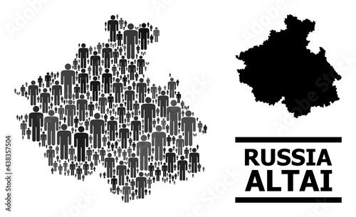 Map of Altai Republic for demographics applications. Vector population abstraction. Abstraction map of Altai Republic organized of people elements. Demographic concept in dark grey color hues.