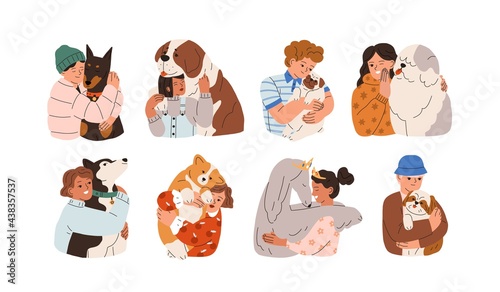 Set of kids hugging big and little dogs. Love and friendship between child and pet. Happy people embracing cute canine animals. Colored flat graphic vector illustration isolated on white background