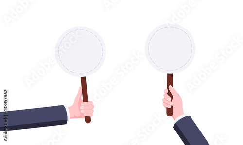Hand hold blank round auction bid banner plate sign business concept flat style design vector illustration set. Hand holds bid voting paddle.