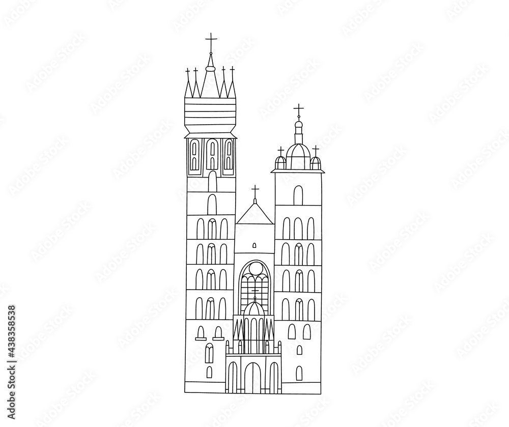 Vector line hand drawn illustration with Saint Mary Basilica. Krakow, Poland. Old town. Brick Gothic Roman Catholic church