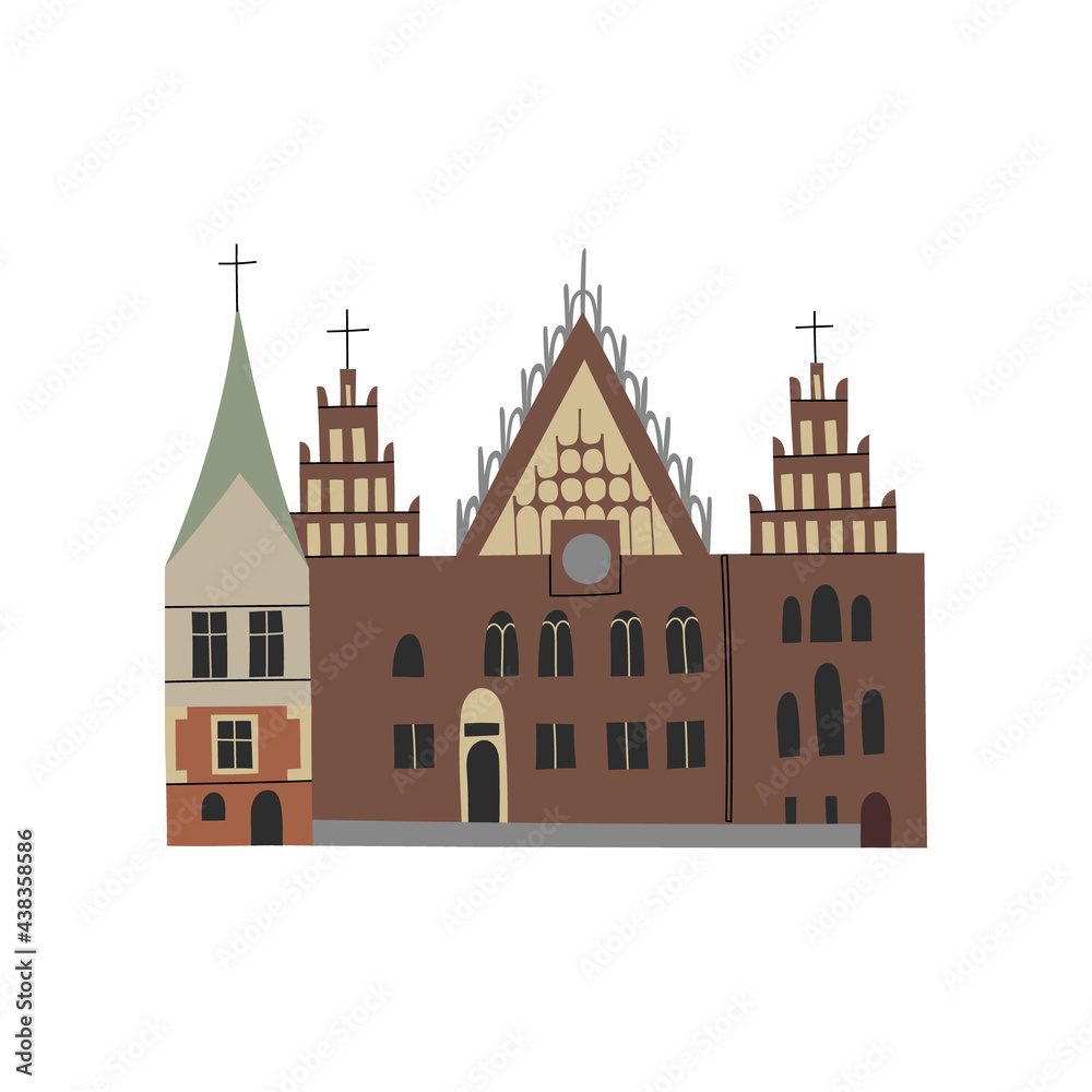 Vector color hand drawn illustration with The Old Town Hall. Wroclaw, Poland. Old town. Market Square. Gothic landmarks of the city