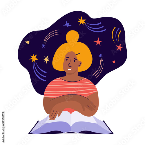 Young woman reads a large paper book and fantasizes about the cosmos. Creative imagination and thinking. Book lover, reader, modern literature fan. Flat cartoon vector illustration.